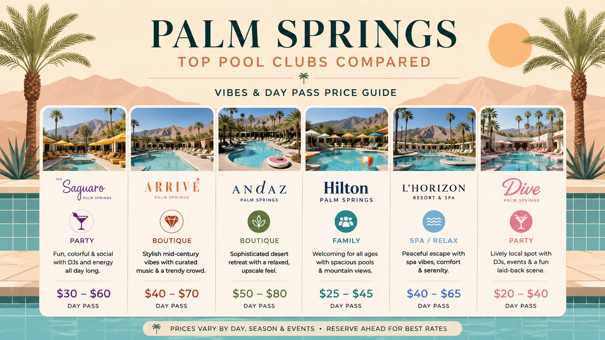 Infographic comparing Palm Springs pool clubs by vibe and price