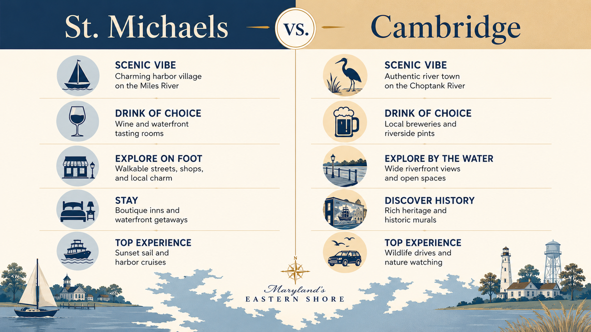 St. Michaels vs. Cambridge, MD side-by-side comparison infographic