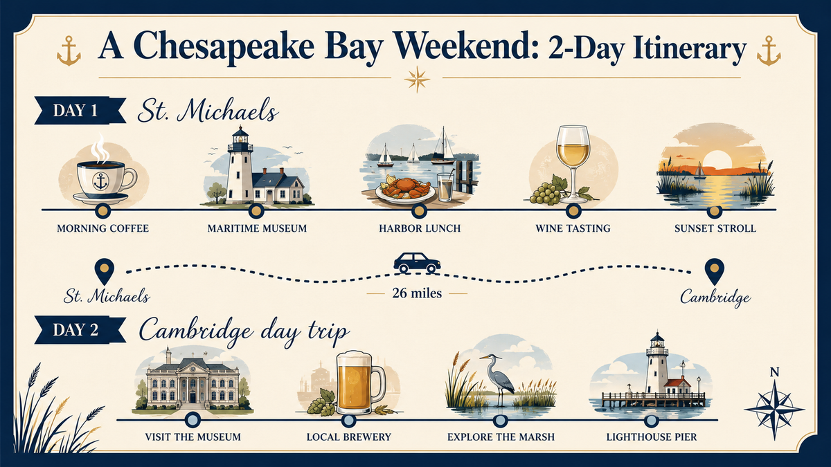 Two-day St. Michaels and Cambridge, MD weekend itinerary map