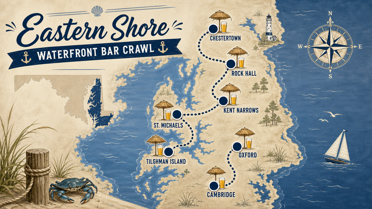 Map of Eastern Shore waterfront bar crawl from Chestertown to Tilghman Island