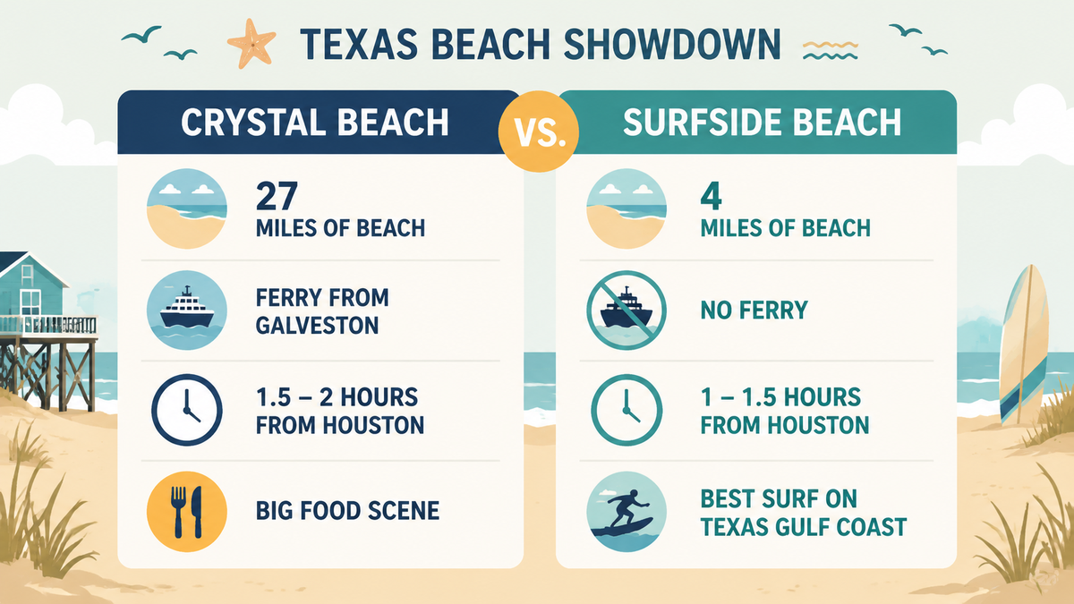 Infographic comparing Crystal Beach and Surfside Beach Texas: drive time, beach length, surf, and food scene