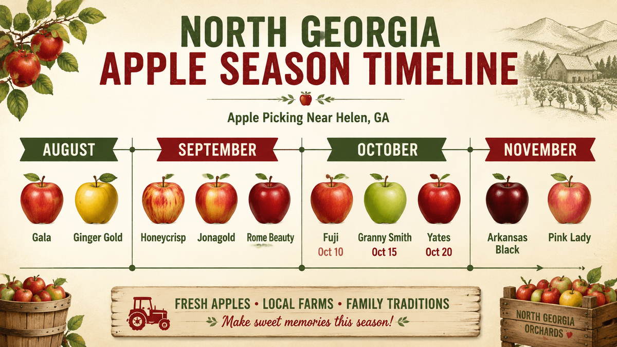 North Georgia apple season timeline infographic showing peak ripening dates for popular varieties from August through November