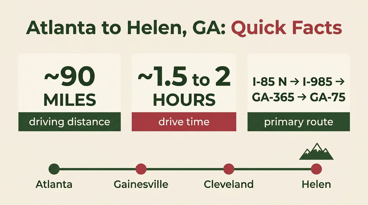 Atlanta to Helen, GA drive facts infographic showing distance, drive time, and primary route