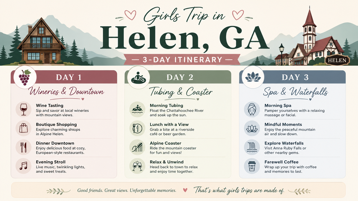 Girls trip in Helen GA 3-day itinerary infographic