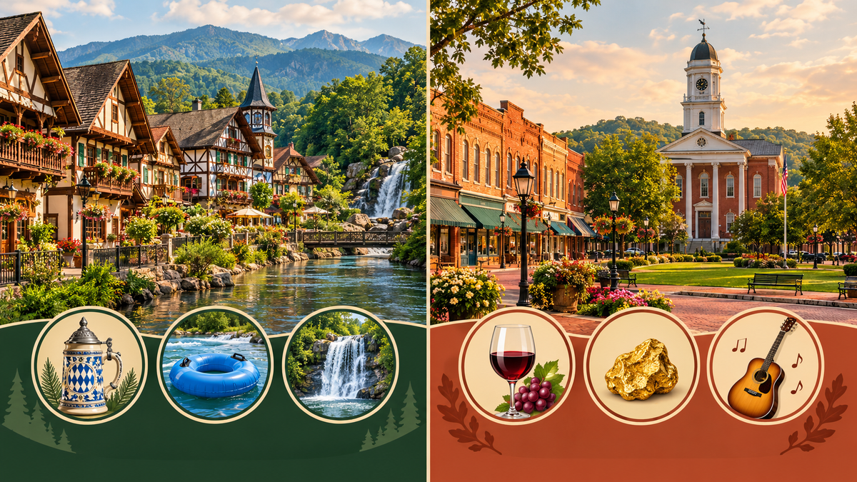 Side by side comparison of Helen Bavarian village and Dahlonega historic town