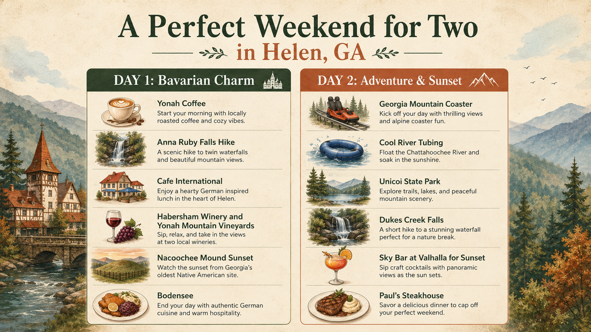 Two-day romantic Helen, GA itinerary infographic for couples