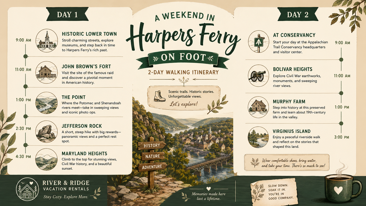 Infographic showing a two day walking itinerary for Harpers Ferry with Day 1 and Day 2 stops