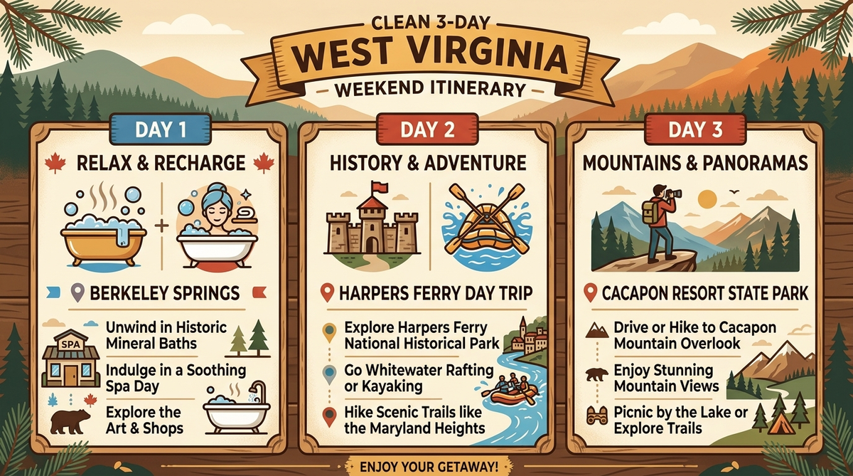 Three-day Berkeley Springs and Harpers Ferry itinerary map