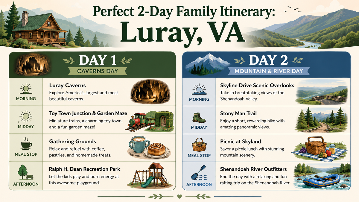 Two-day family itinerary infographic for Luray VA showing Day 1 Luray Caverns and playground and Day 2 Skyline Drive hike and Shenandoah River float