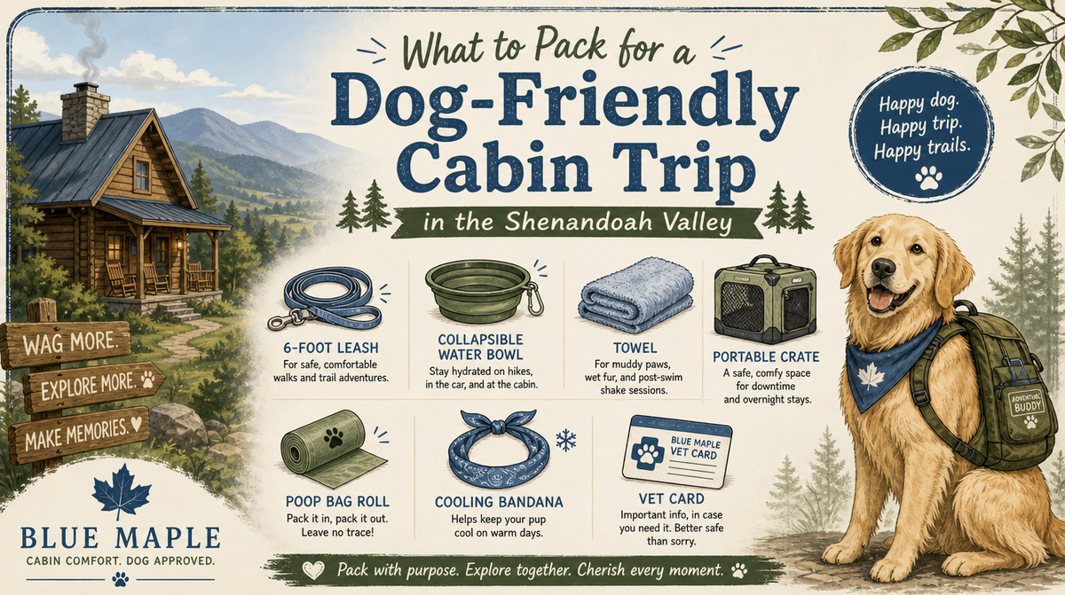 Infographic of what to pack for a dog-friendly cabin trip in the Shenandoah Valley