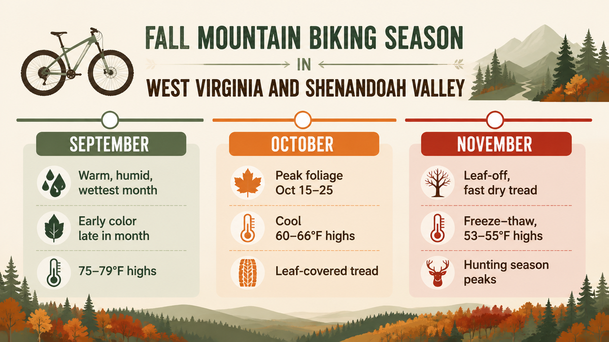 Infographic showing fall mountain biking season timeline in West Virginia and Shenandoah Valley from September to November