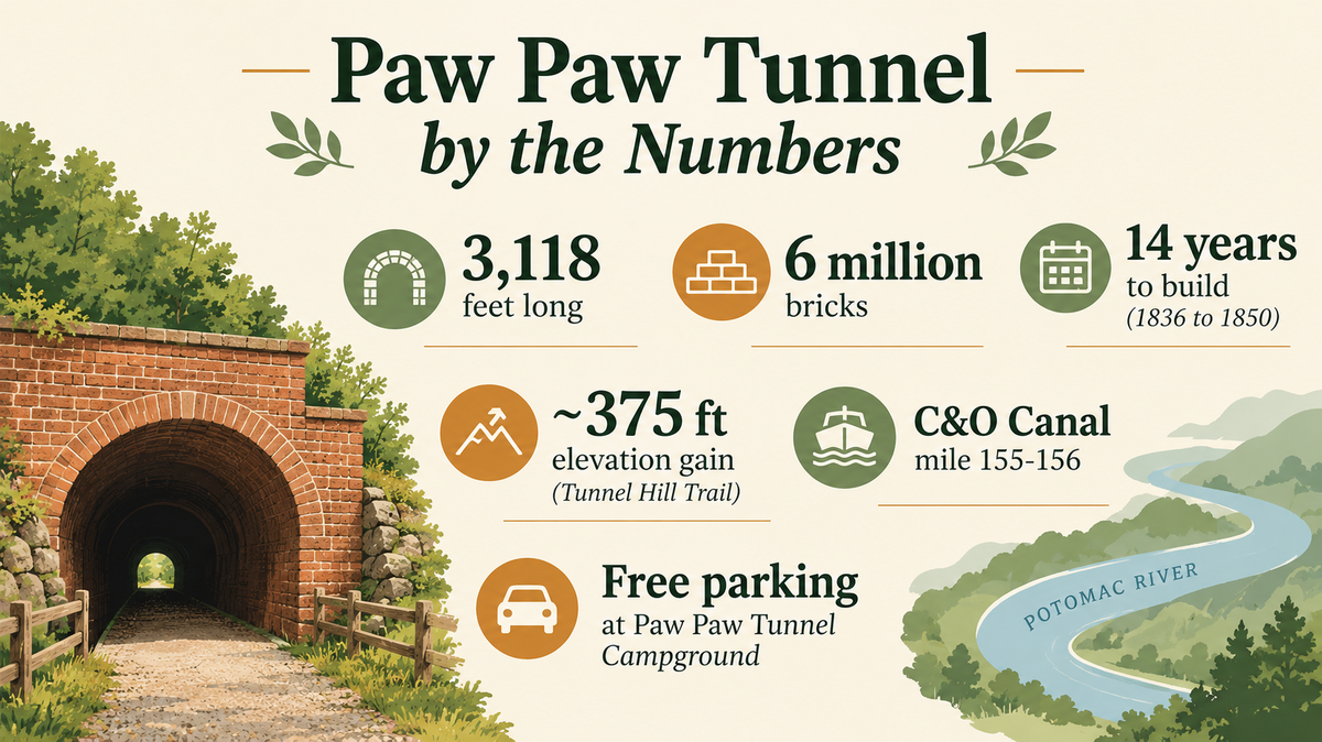 Paw Paw Tunnel by the Numbers infographic: 3,118 feet long, 6 million bricks, 14 years to build, 375 ft elevation gain on Tunnel Hill Trail, mile 155-156 of the C&O Canal, free parking at Paw Paw Tunnel Campground