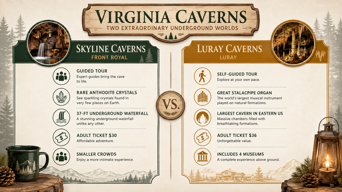Infographic comparing Skyline Caverns and Luray Caverns side-by-side