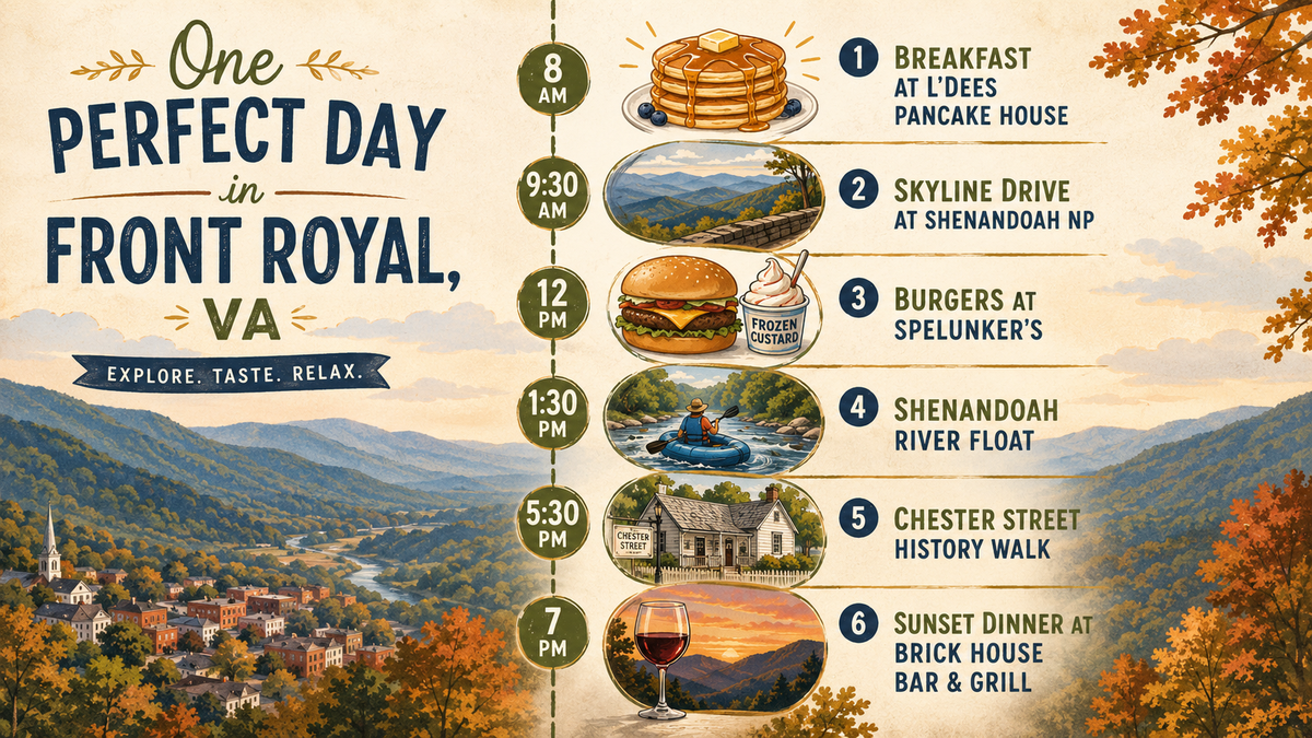 One perfect day in Front Royal, VA: illustrated timeline of breakfast, Skyline Drive, burgers, river float, historic walk, and sunset dinner