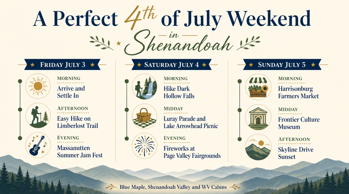 Three-day itinerary infographic for the 4th of July weekend in the Shenandoah Valley