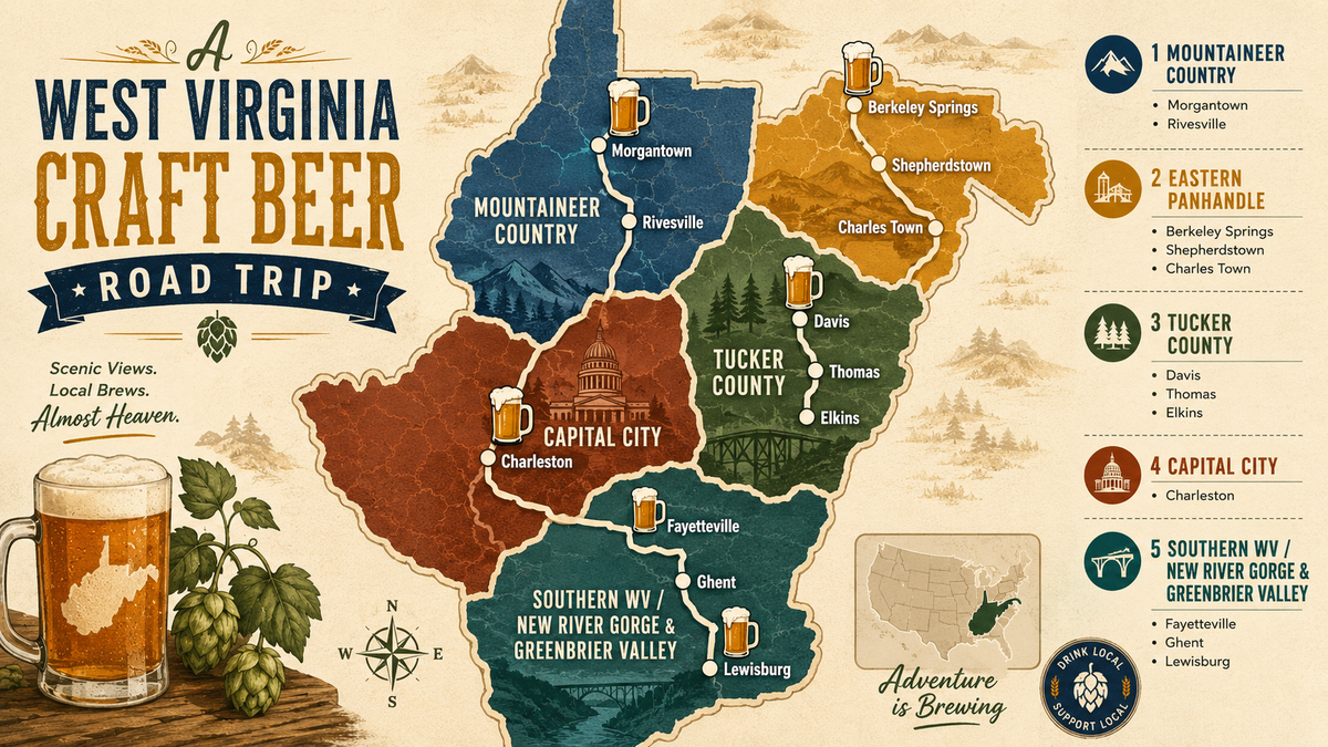 Map infographic of a West Virginia craft beer road trip with five brewery regions