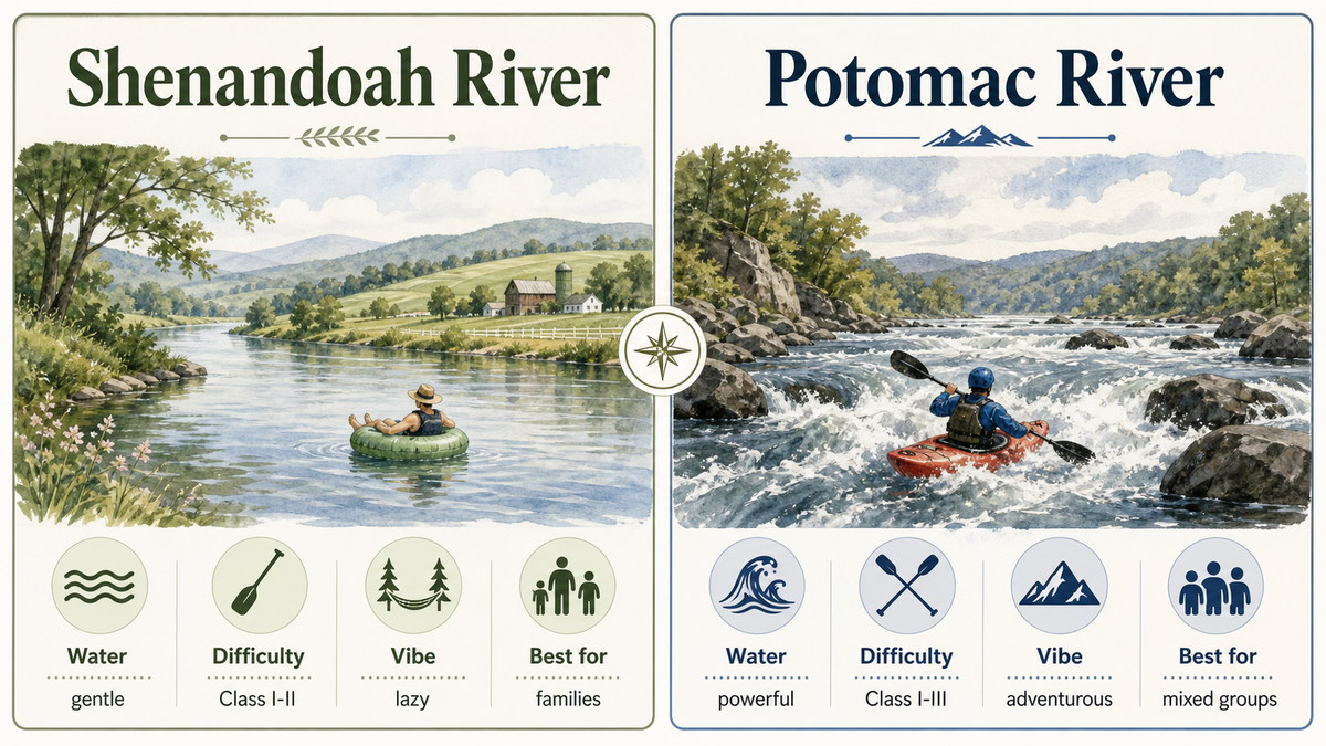 Side by side comparison infographic of the Shenandoah River vs the Potomac River for tubing and kayaking
