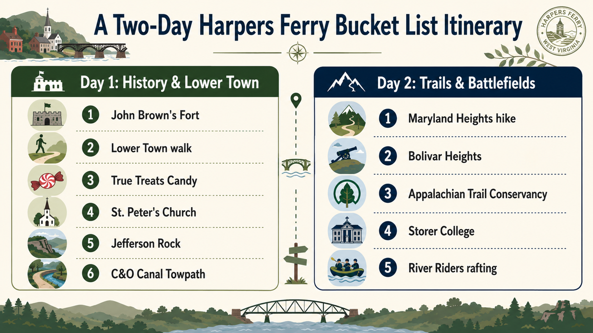 Two-day Harpers Ferry bucket list itinerary infographic showing Day 1 history and lower town stops and Day 2 trails and battlefields