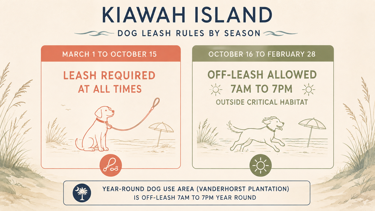 Infographic showing Kiawah Island dog leash rules by season
