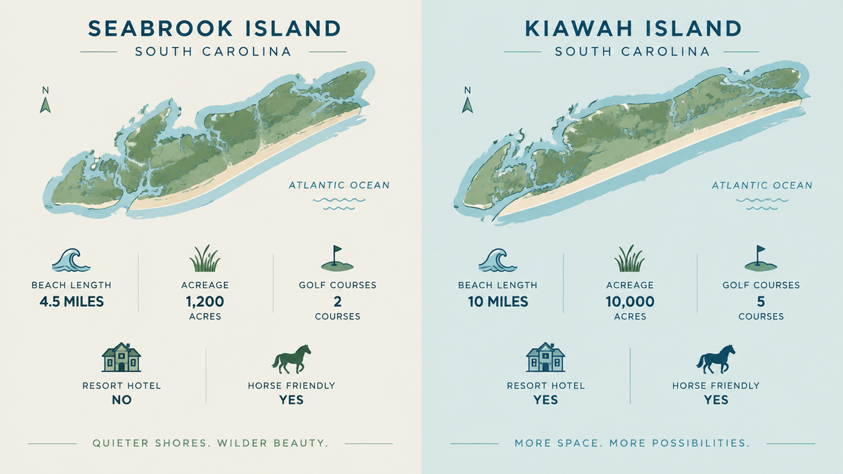 Side-by-side comparison of Seabrook Island vs Kiawah Island in South Carolina