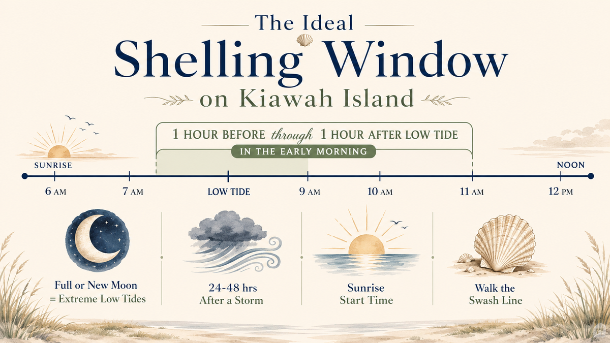 Infographic showing the ideal shelling window on Kiawah Island: one hour before through one hour after low tide in the early morning, with multipliers for full or new moons and the 24 to 48 hour window after a storm
