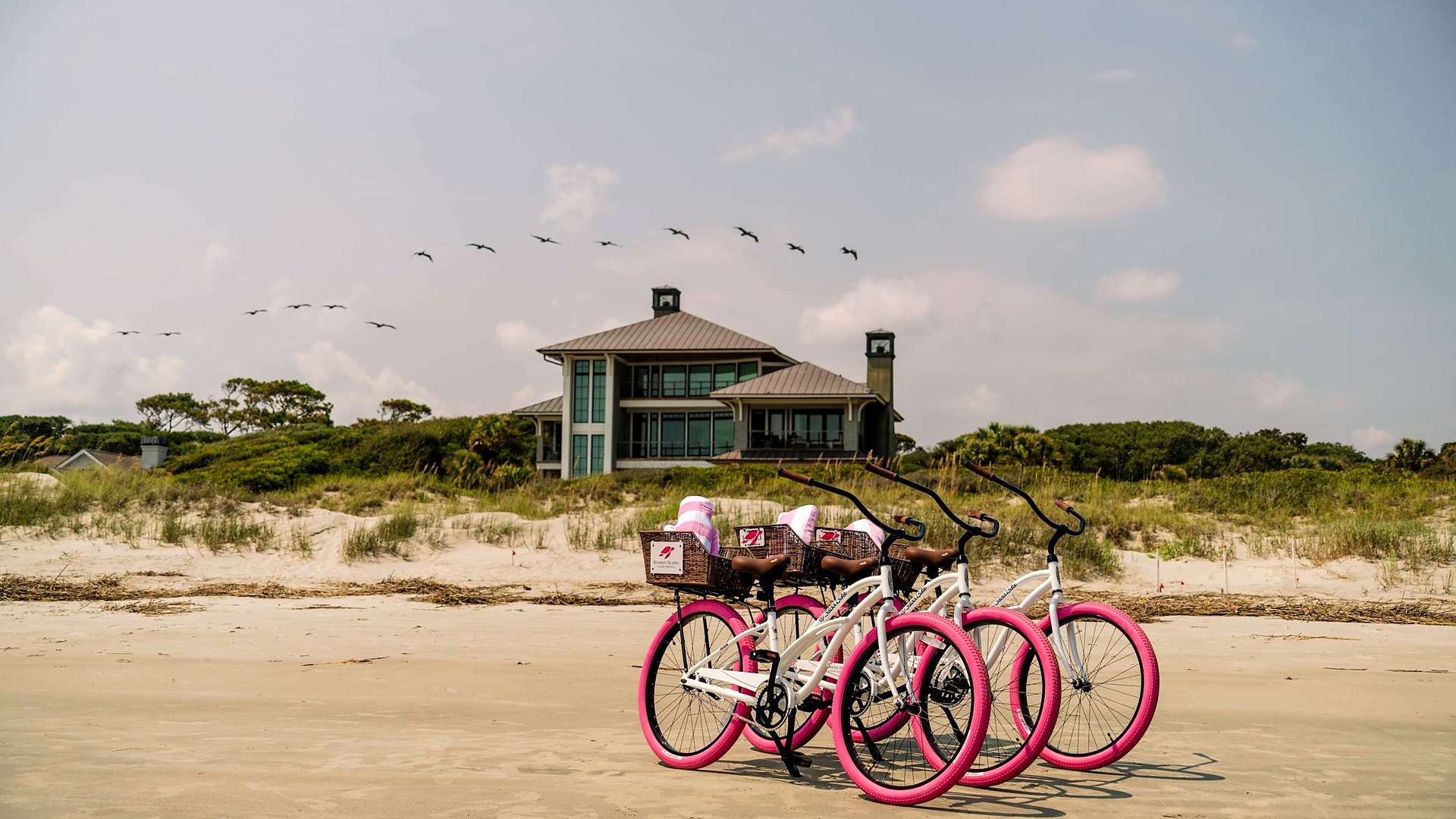 Beach cruiser bikes on the sand in front of the dunes on Kiawah Island